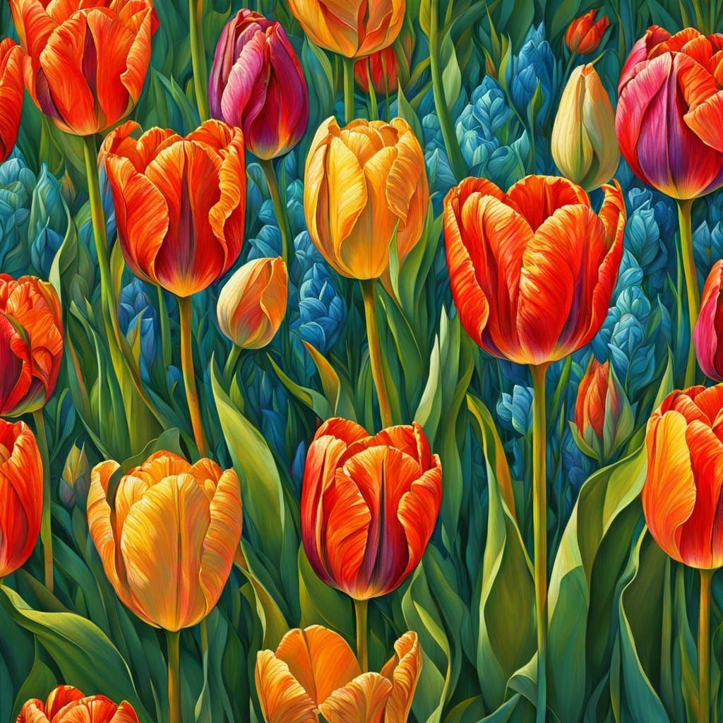 Abstract Spring Tulips in Silk Thread Stitching