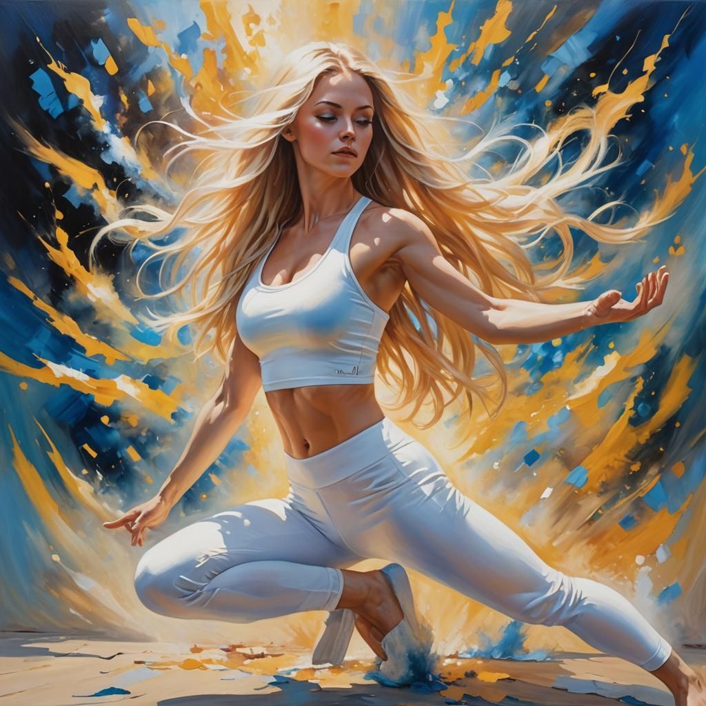 Dynamic Yoga Girl in Vibrant Triadic Oil Painting