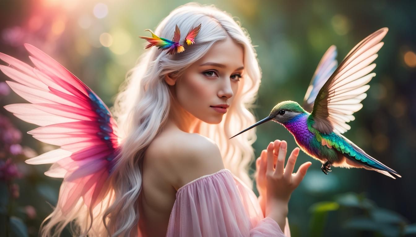 Beautiful Fairy Girl with Hummingbird, Hyperrealistic