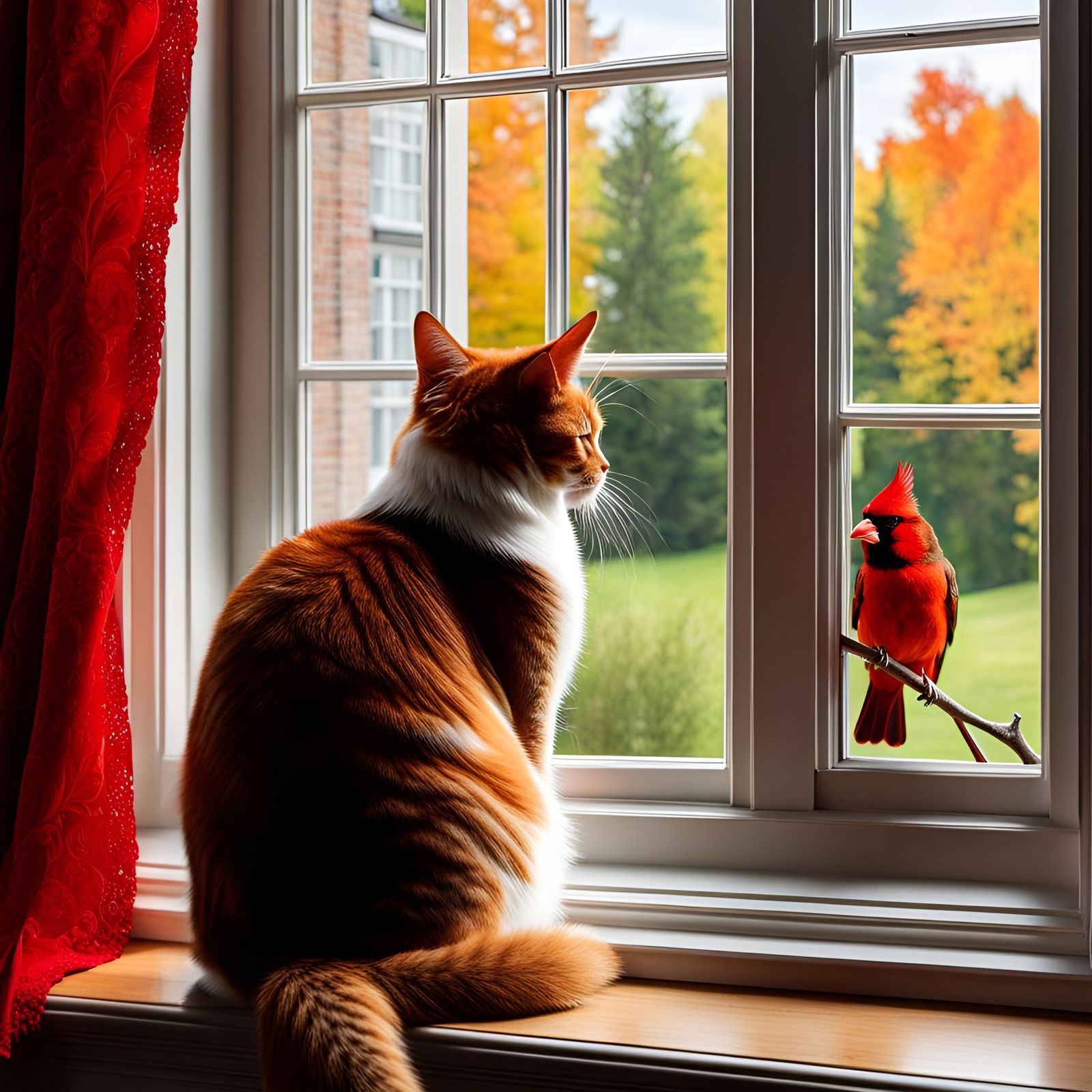 Cat Watching Cardinal at Window