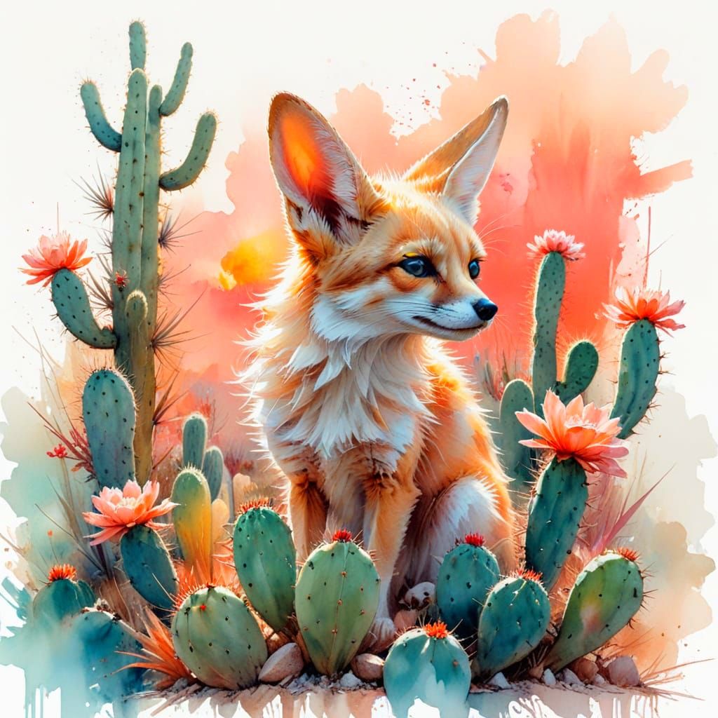 Fennec Fox in Desert Sunset Watercolour