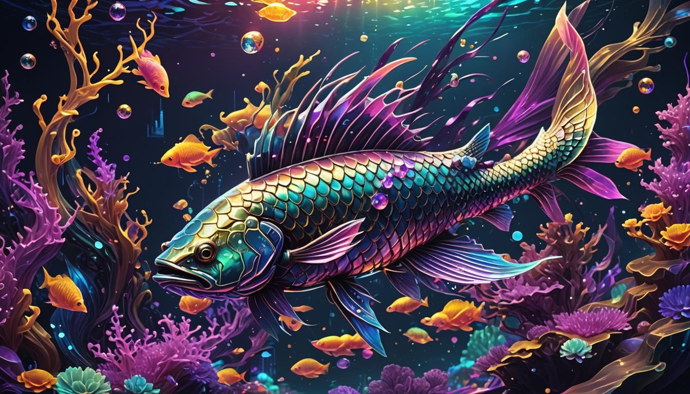 Jeweled Fish in Bioluminescent Cyberpunk Ocean