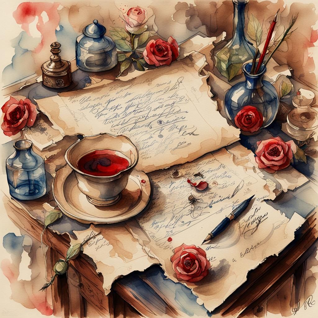 Victorian Desk with Letter in Watercolor Ink