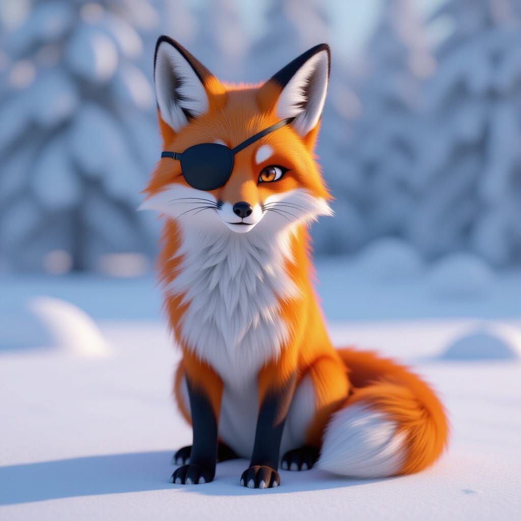 Anime Red Fox with Eyepatch on Snowy Landscape