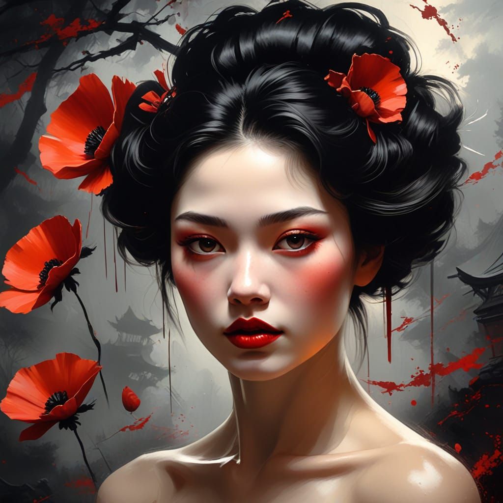 Dark Impasto Geisha Rises from Fog