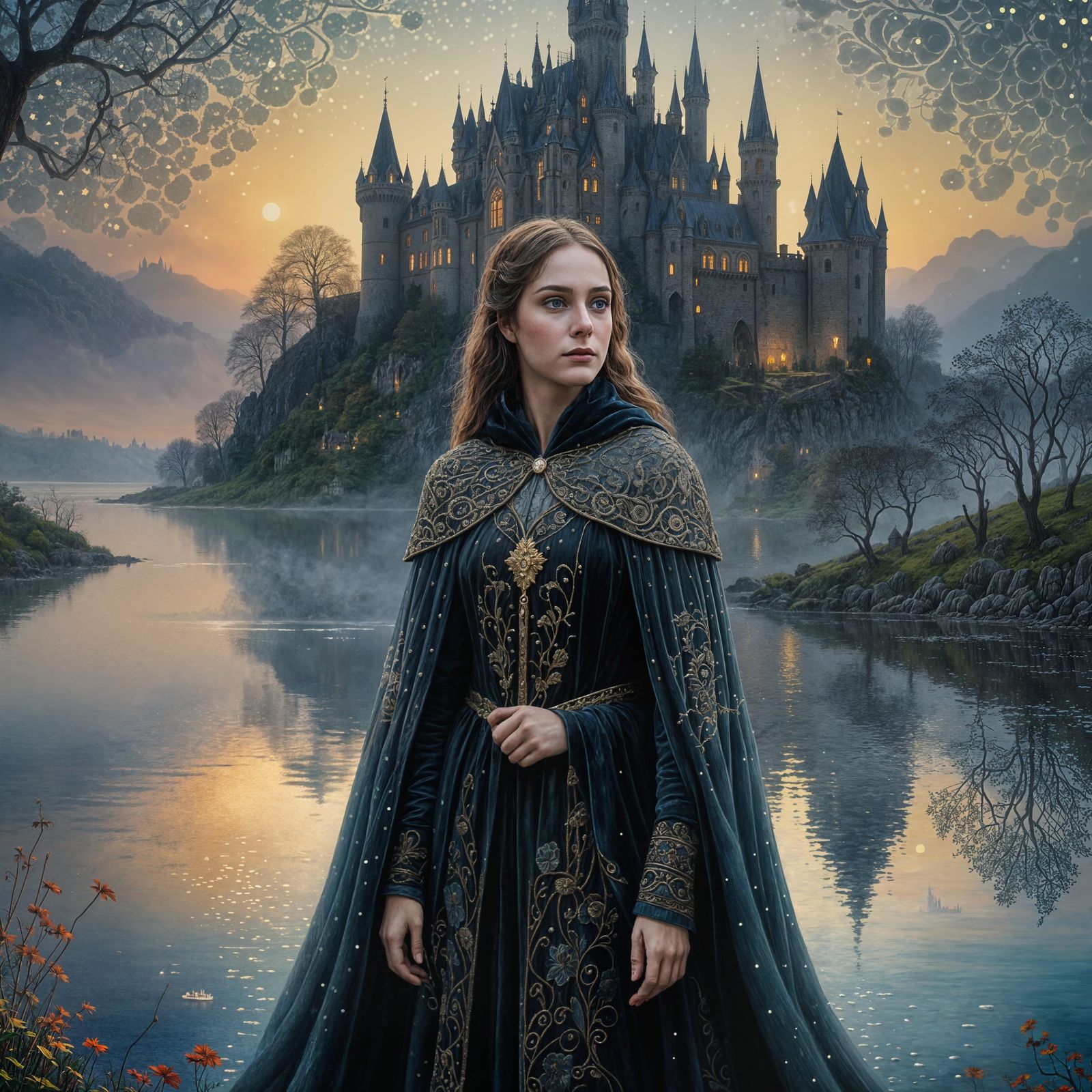 Pointillist Castle with Lady of the Lake in Gothic Oil Paint...