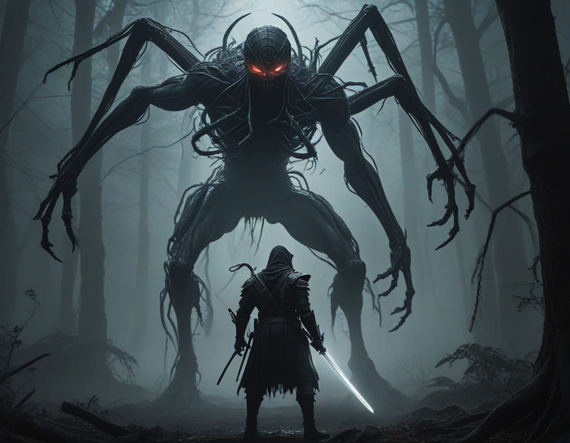 Ninja Warrior Confronts Spider Abomination in Misty Woods