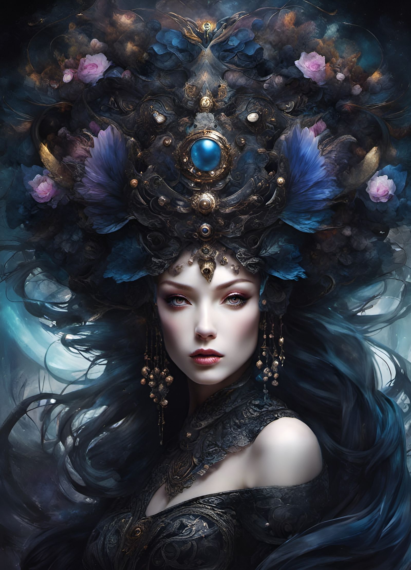 Elaborate Shadow Goddess Portrait in Fantasy Style