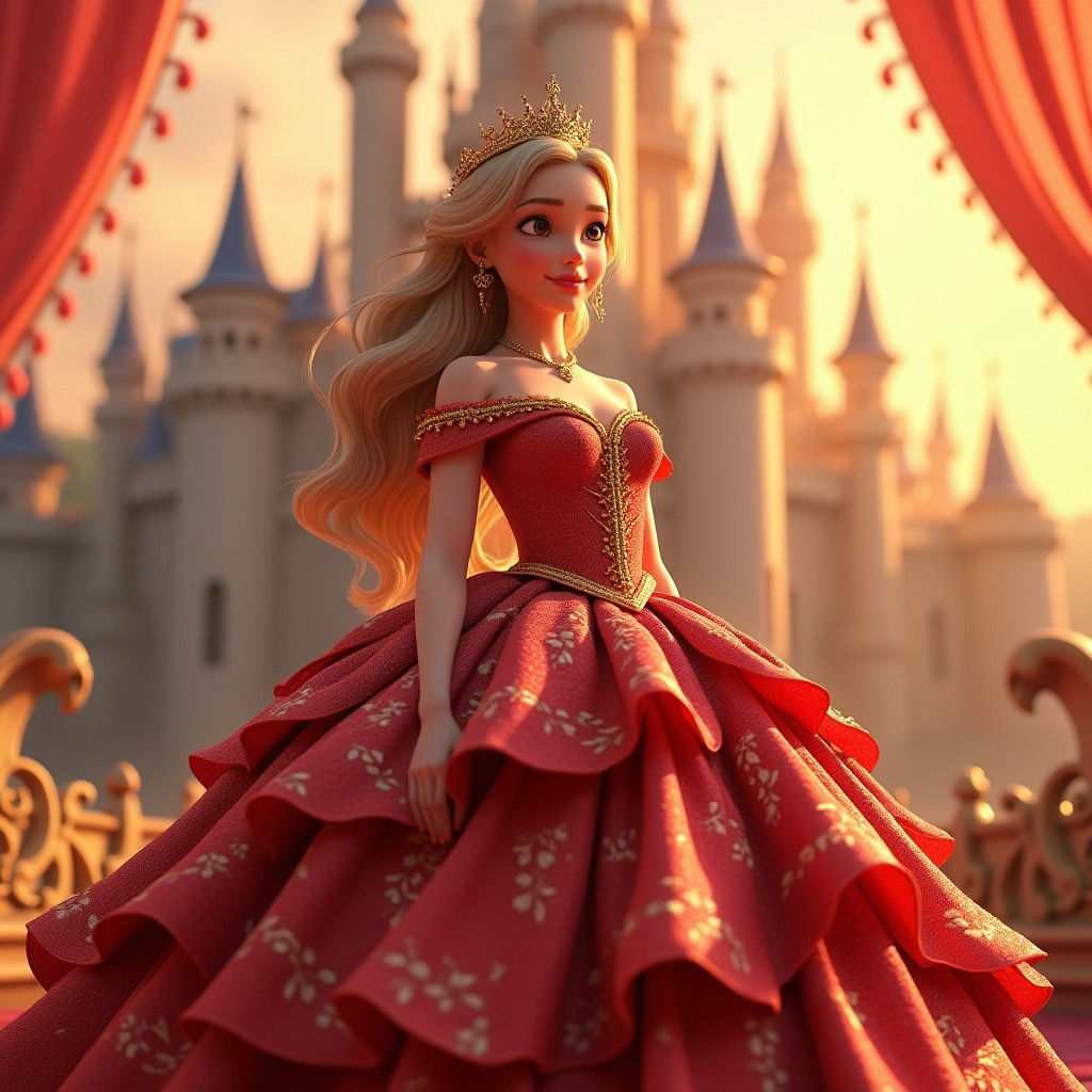 Royal Princess in Vibrant Red Gown with Gold Crown and Castl...
