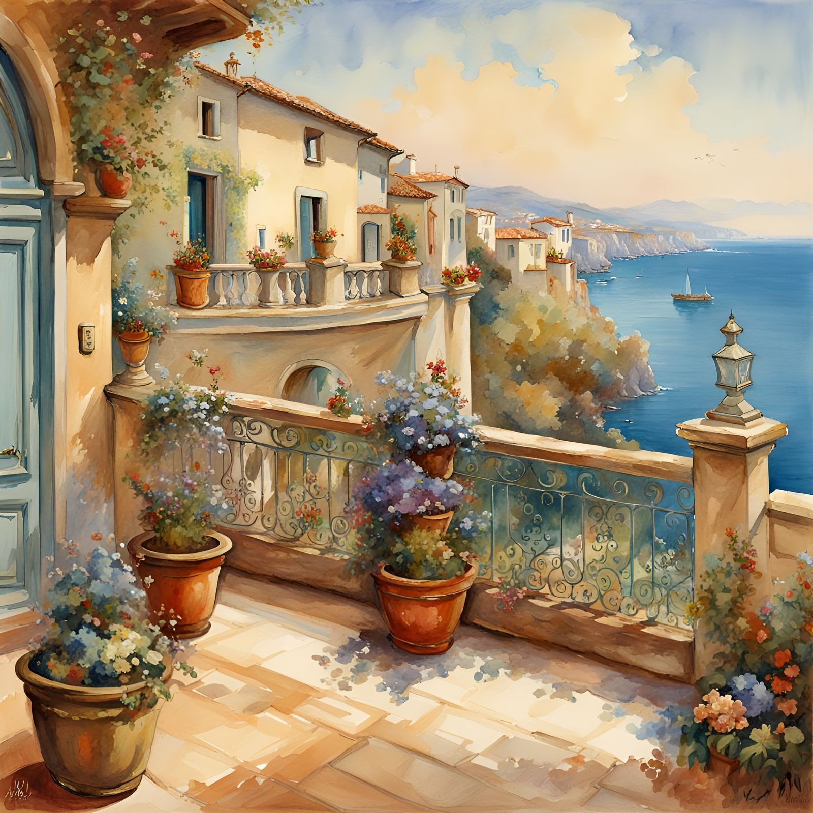 Italian Villa Balcony: Watercolor Fantasy Landscape