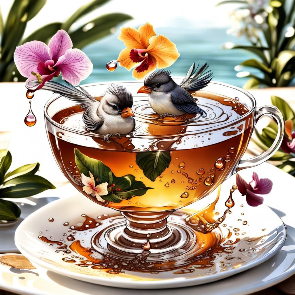 Birds' Tea Party: A Watercolour Splatter AI Masterpiece