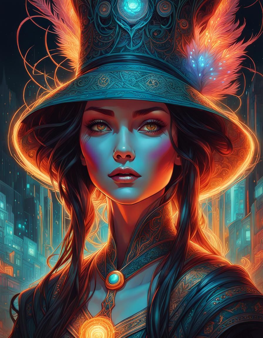 Neon Witch Portrait with Glowing Outlines