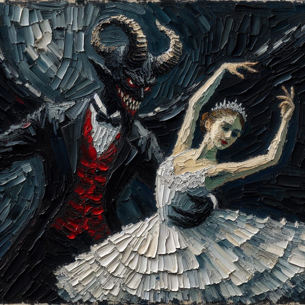 Devil Dancing with Ballerina in Impasto Style