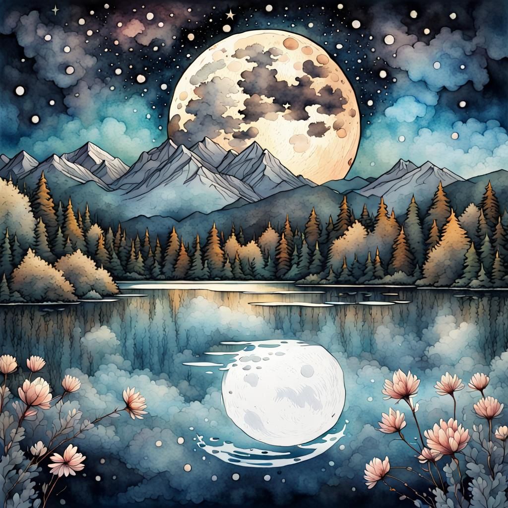 Watercolor Moonrise Over Mountain Lake