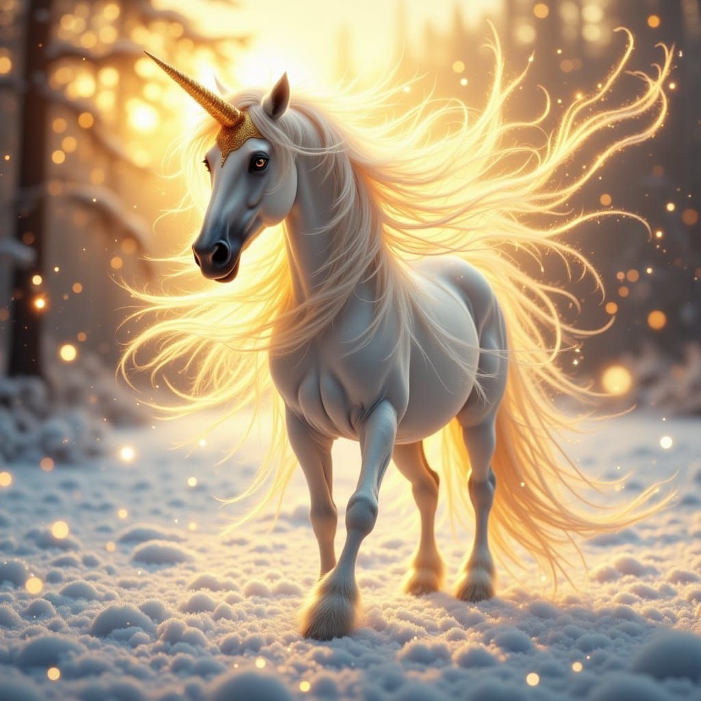 White Arabian Horse Carrying Unicorn in Snowy Sunset