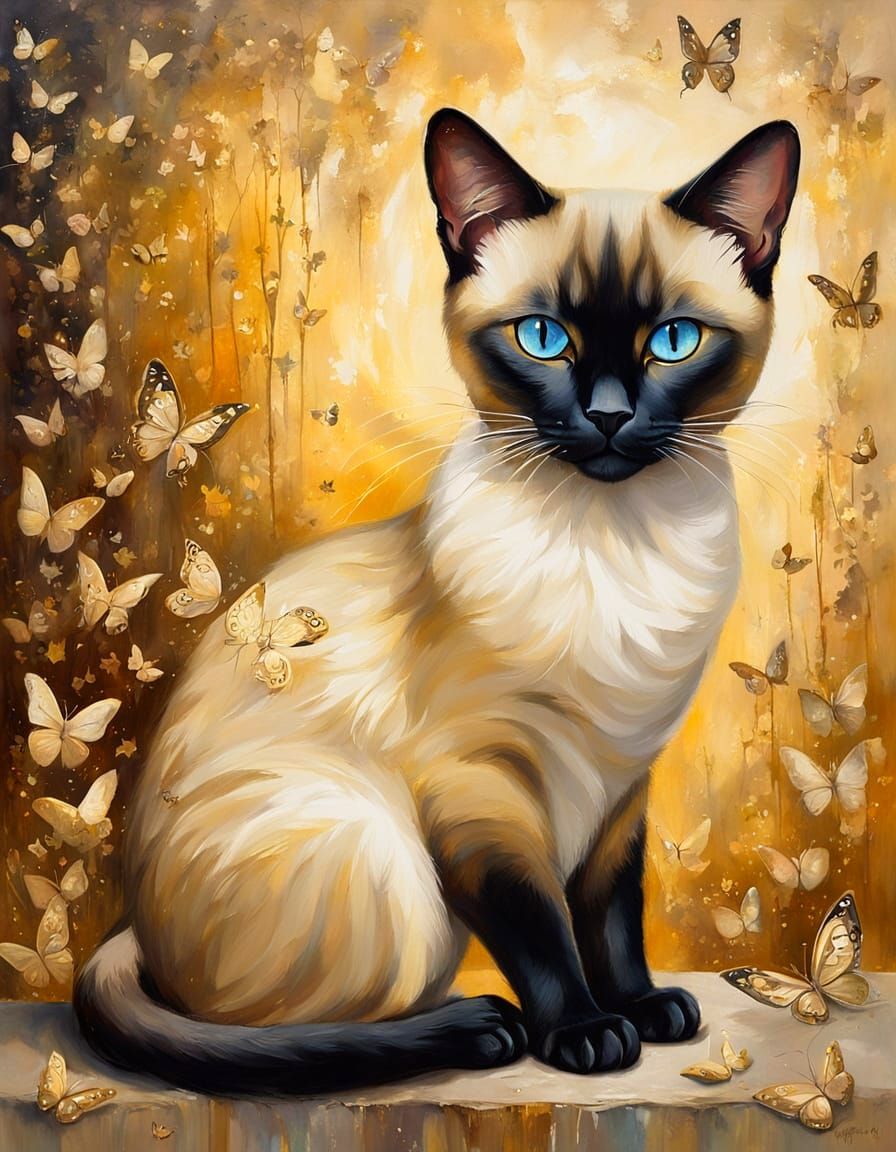 Elegant Siamese Cat Sitting Amidst Golden Butterflies