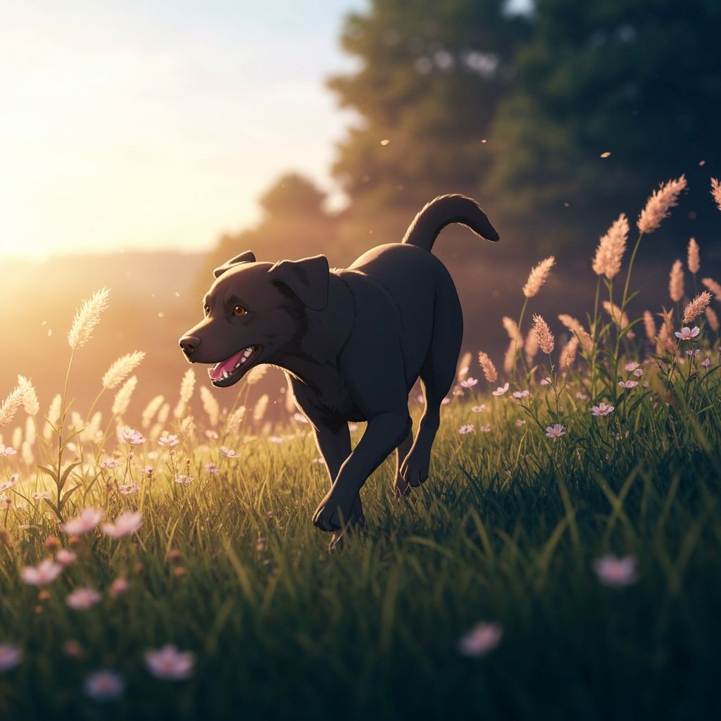 Labrador Runs Through Vibrant Field in Ghibli Style