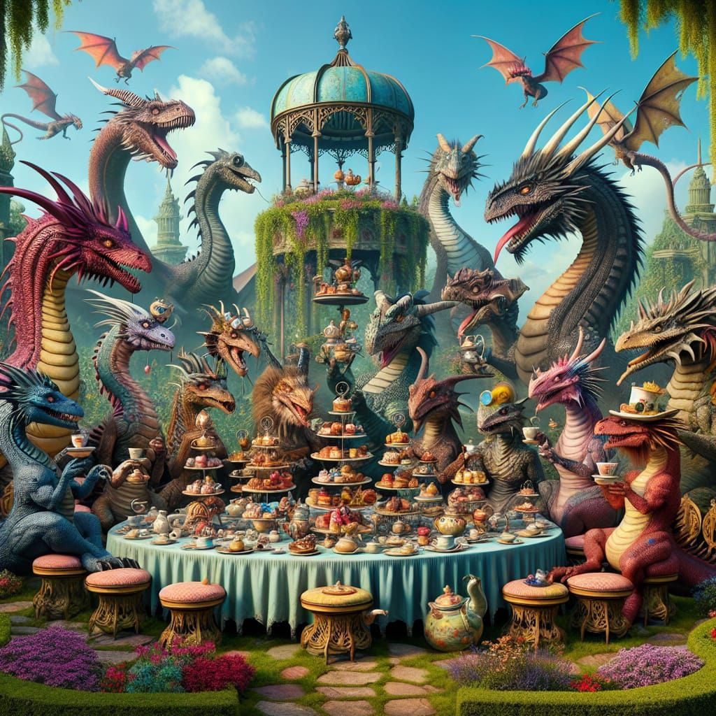 Dragons' Surreal High Tea Party in Lavish Garden