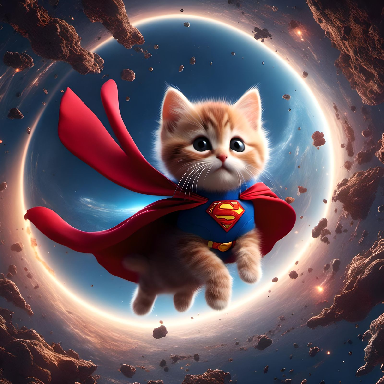 Kitten Superhero Flies Through Space: Digital Art