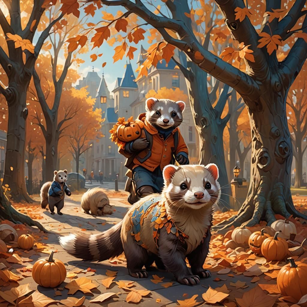 Whimsical Ferret and Teddy Bear Autumn Stroll