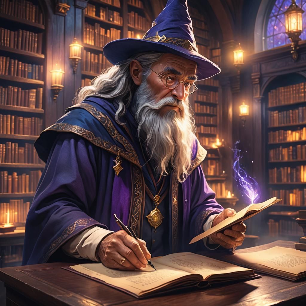 Mystical Wizard Contemplates Blank Page: Fantasy Art
