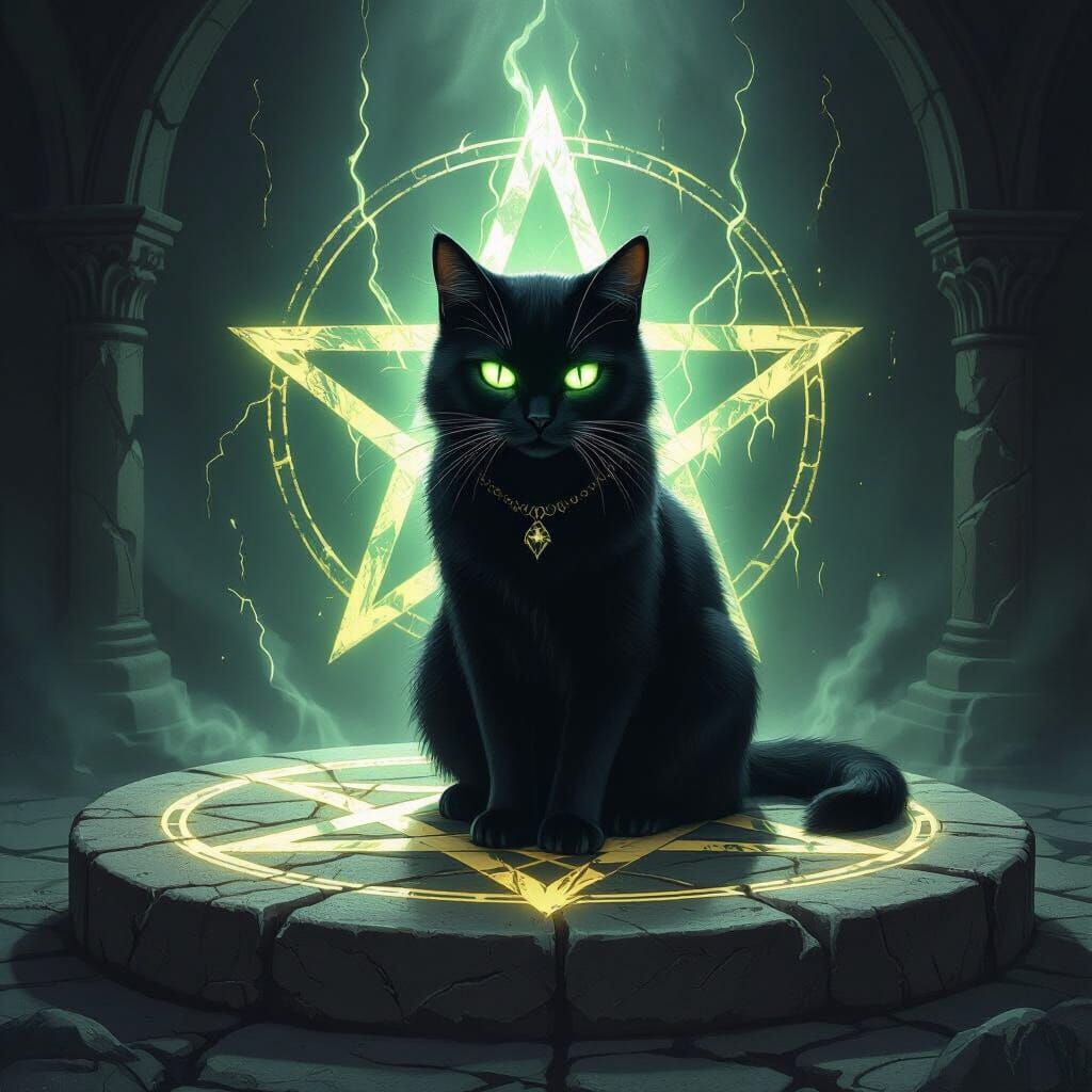 Black Cat in Glowing Pentagram on Altar