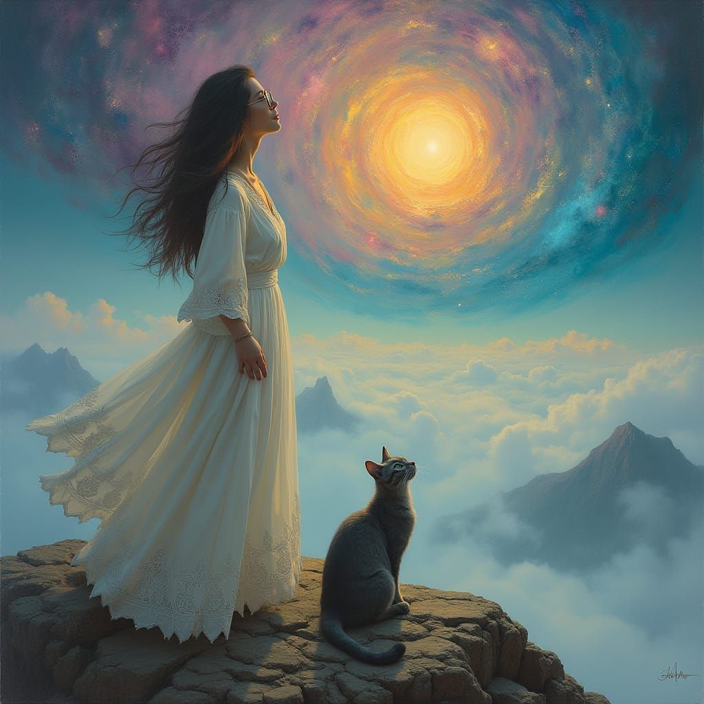 Enigmatic Mystic Woman Ascends Mountain Peak with Expectant ...