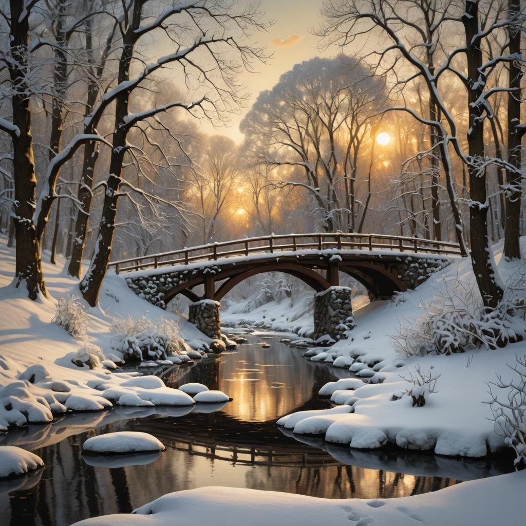 Winter Bridge: Gustav Klimt-Inspired Digital Painting