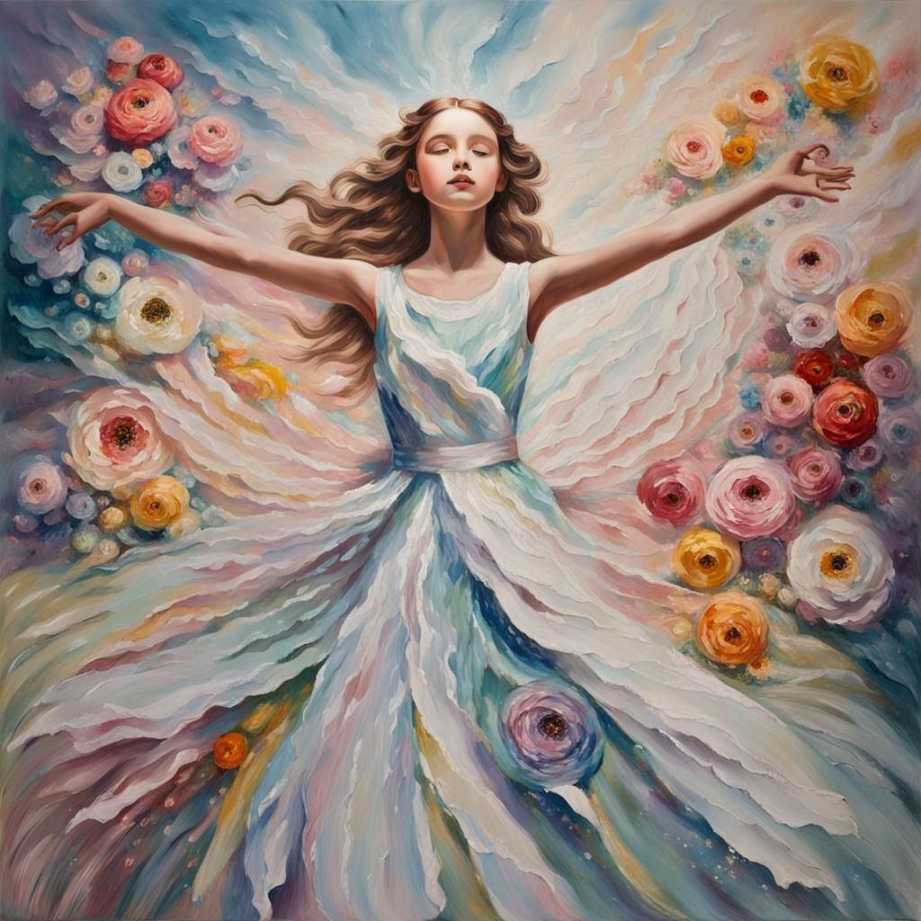 Girl in Flowing Floral Dress: Impasto Oil Painting