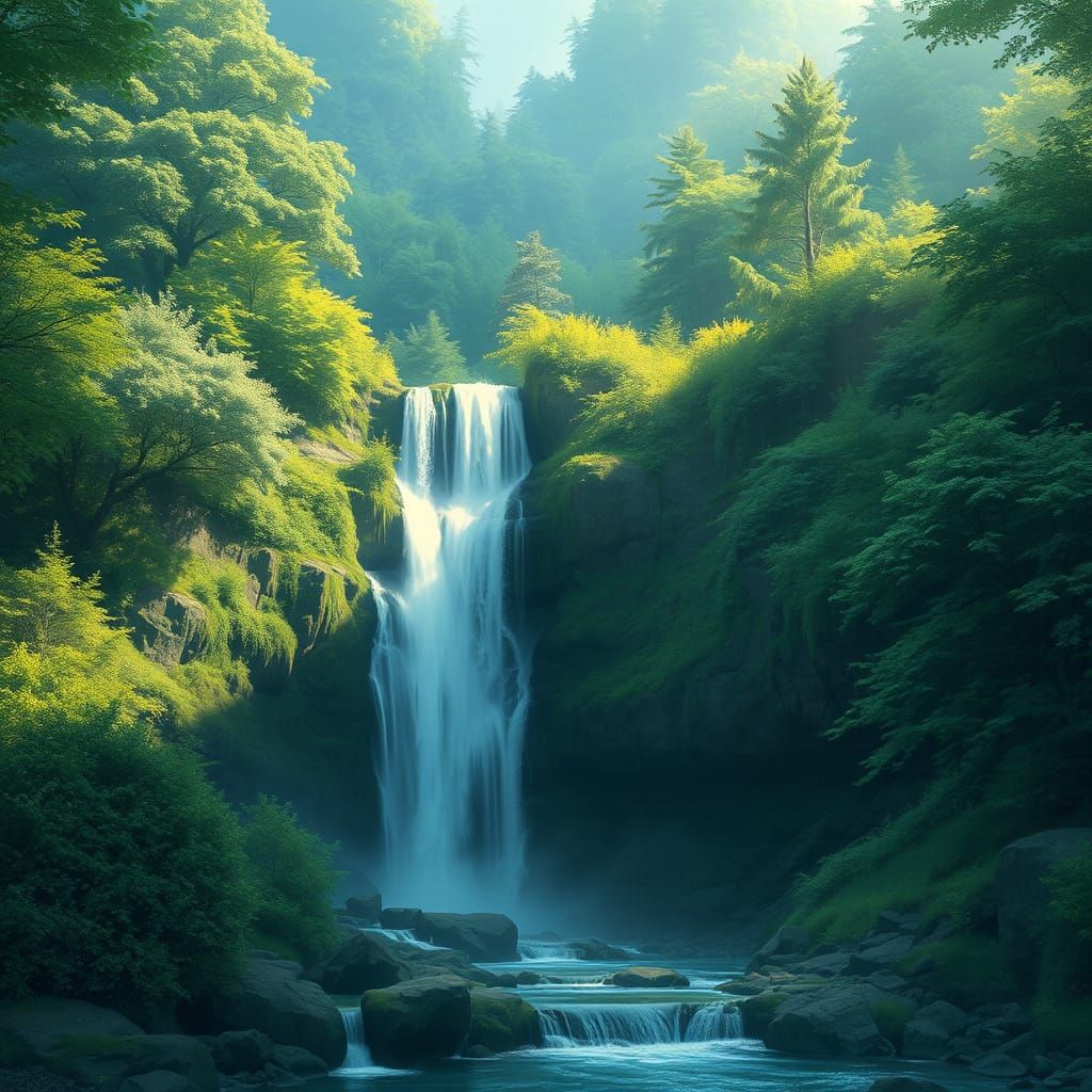 Realistic Waterfall in a Serene Green Landscape