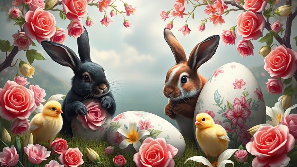 Rabbits and Chicks Painting Easter Eggs in Candy Art Style