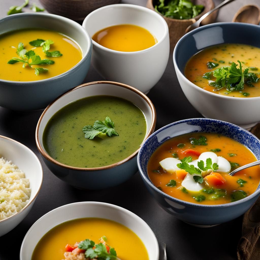 Assorted Soups Displayed on Table