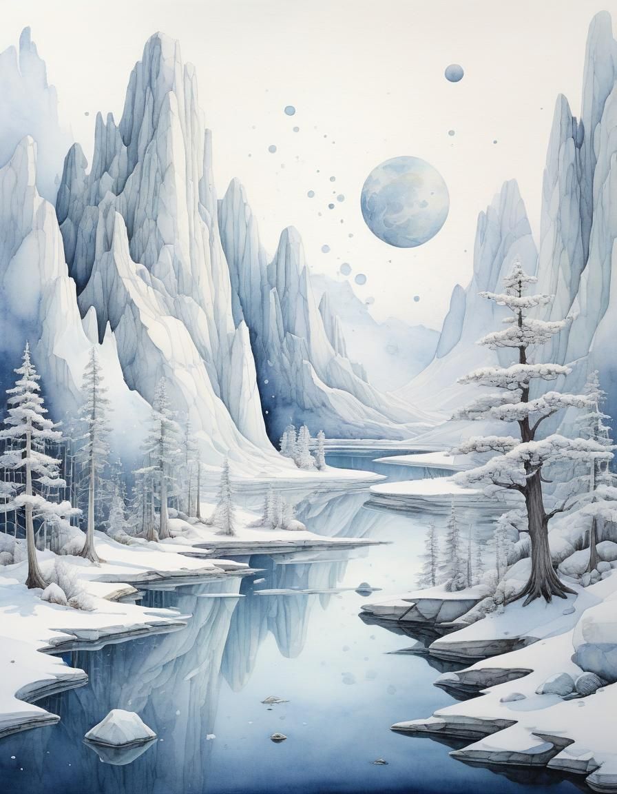 Ethereal Mythological Landscape in Watercolor Surrealism