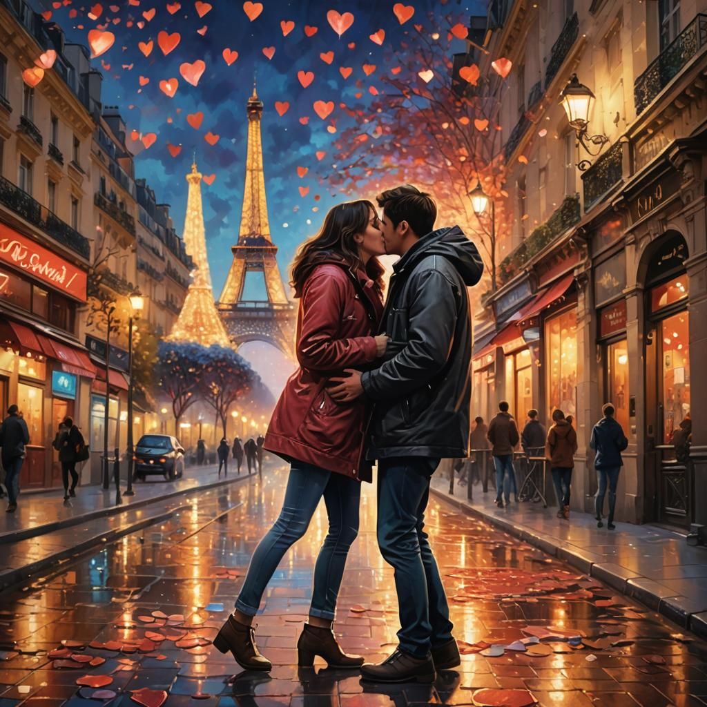 Romantic Valentine's Kiss in Paris at Night