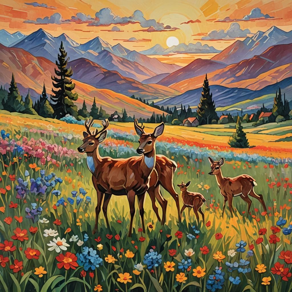 Deer and Hummingbirds in Impressionist Field