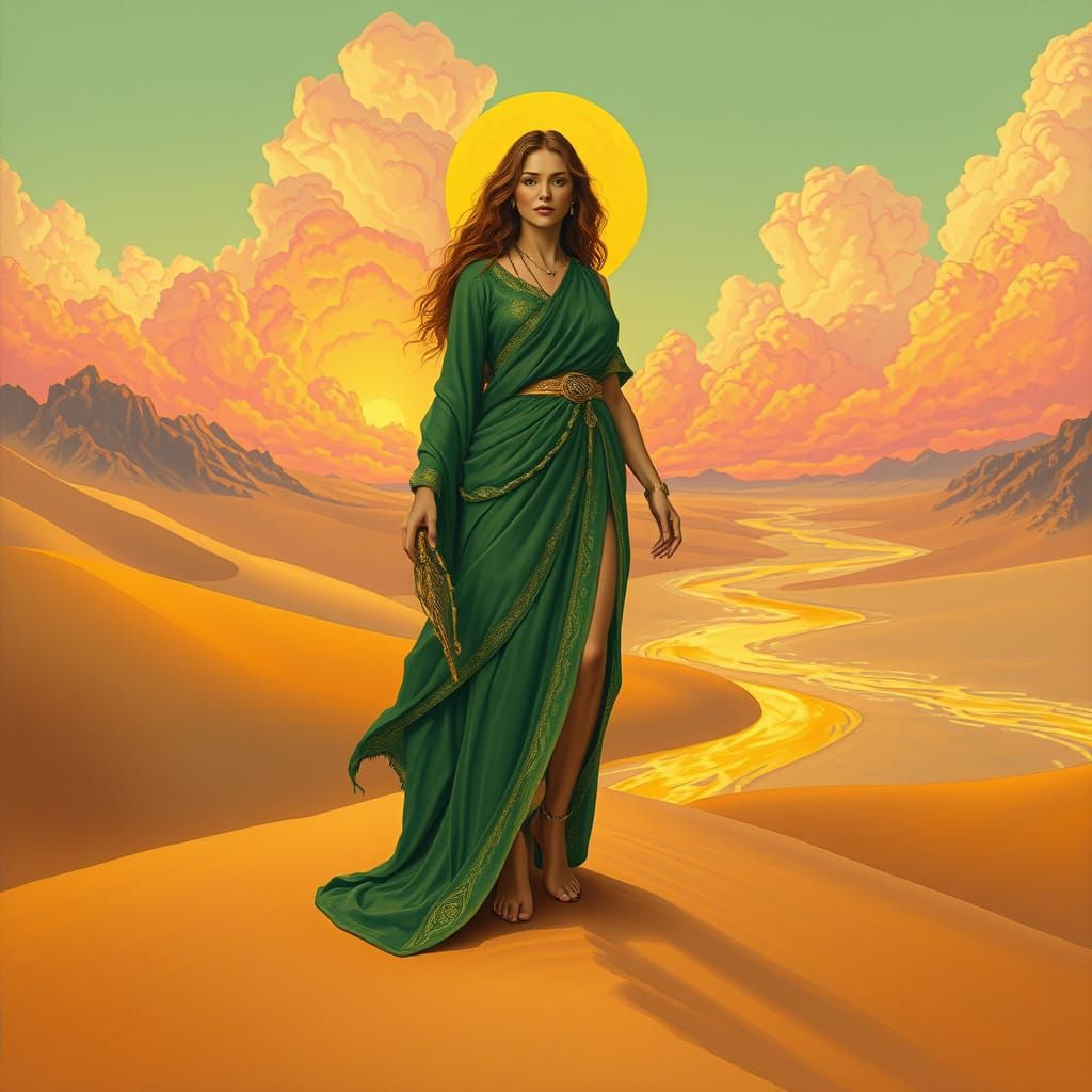 Goddess in Desert Landscape: Art Nouveau Style