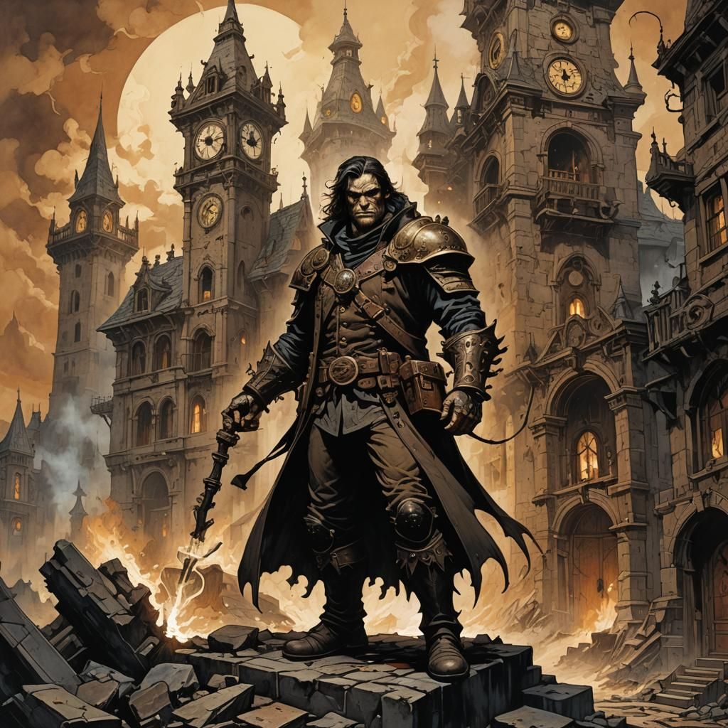 Sorcerer at Clocktower Entrance in Fantasy Art