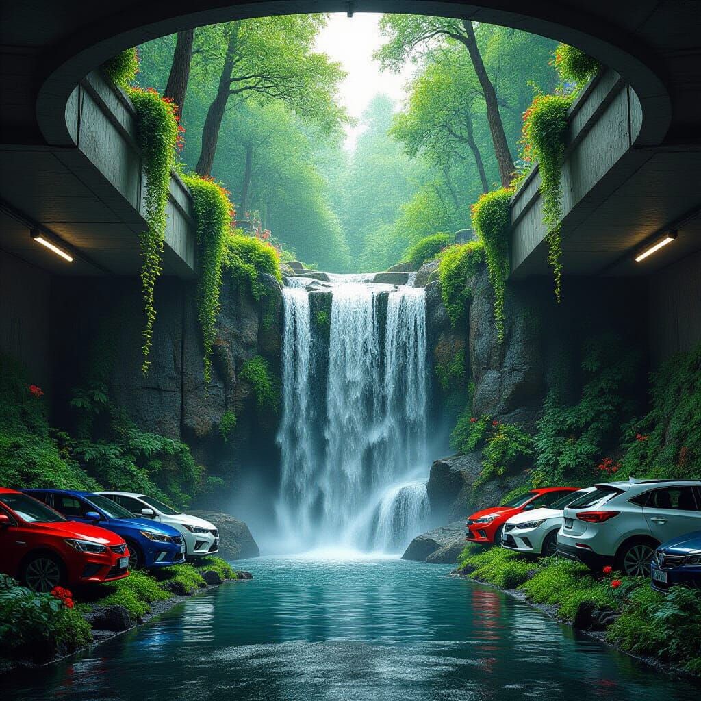 Waterfall in Underground Garage, Realistic Style