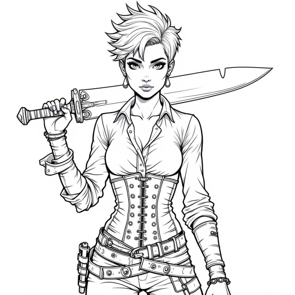 Fierce Pirate Woman Ready to Fight in Black and White