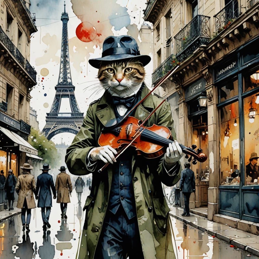 Parisian Violinist in Watercolor Style with Attentive Cat