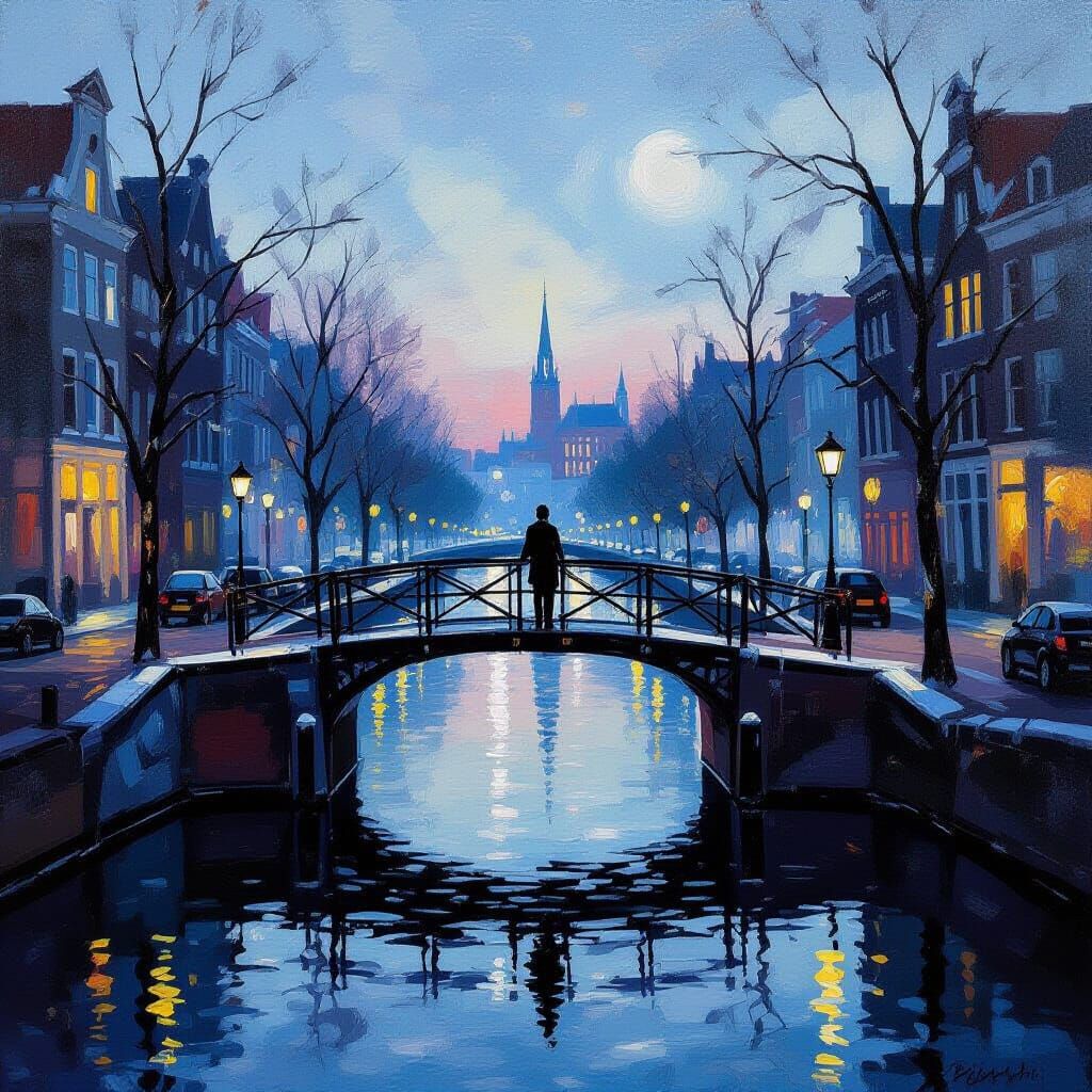 Impressionistic Twilight Canal Bridge Scene