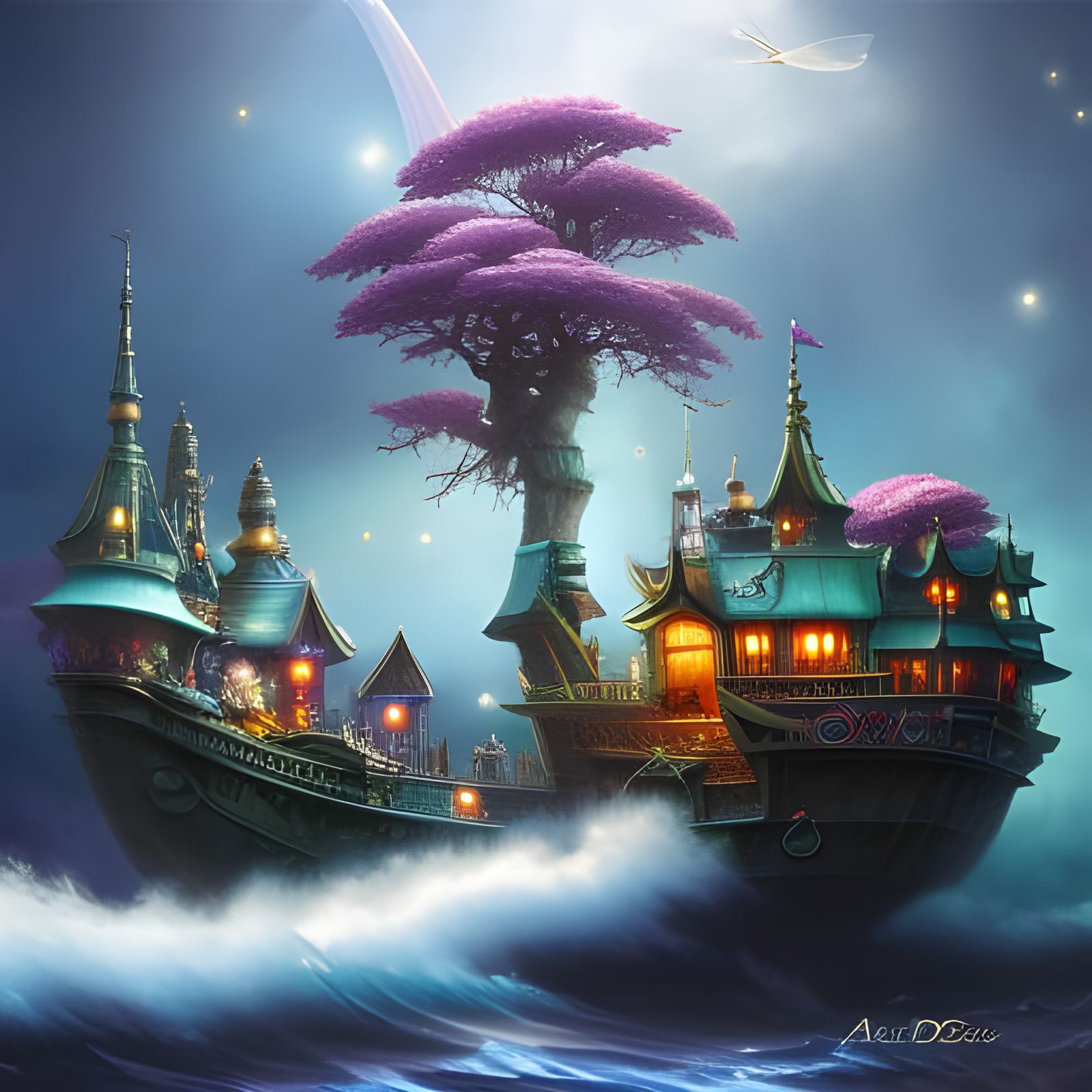 Detailed Fairy Village on Ship, Anime Style