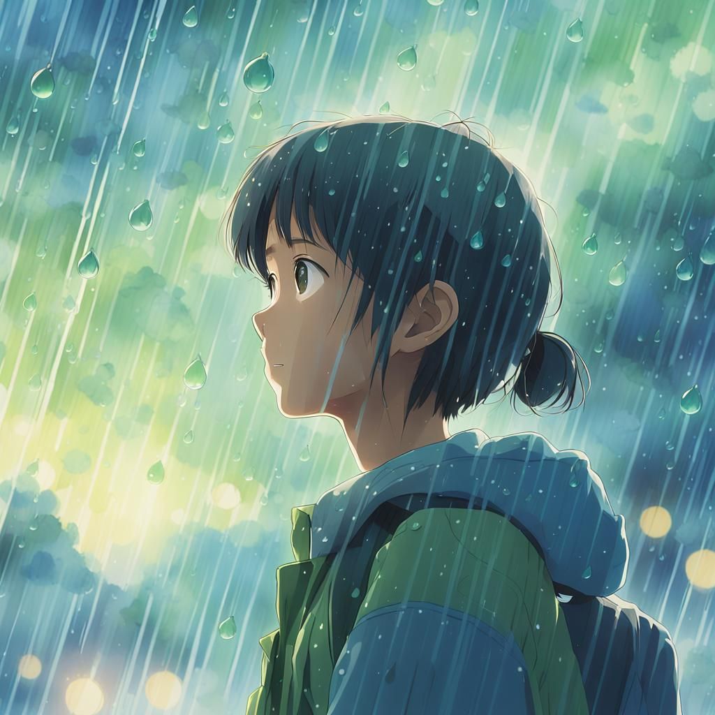 Anime Girl in Rain, Watercolor Style