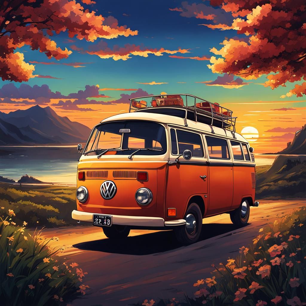 Volkswagen Hippie Bus at Sunset: Anime-Inspired Digital Art