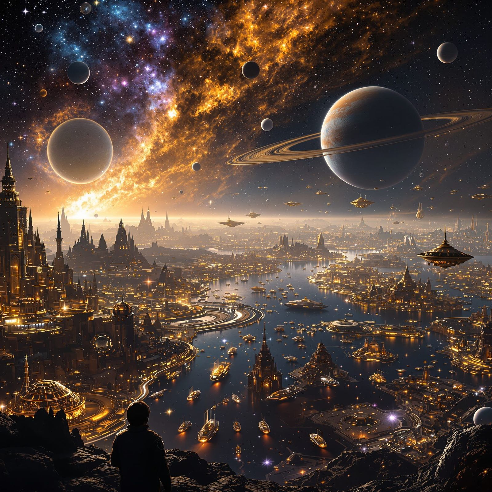 A vast interstellar panorama showing a breathtaking journey ...