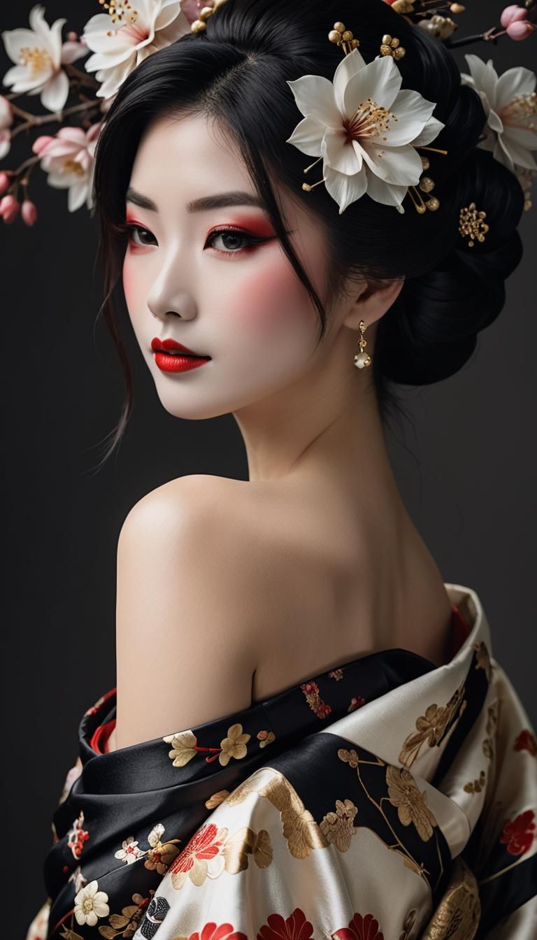 Elegant Geisha with Delicate Kimono and Makeup