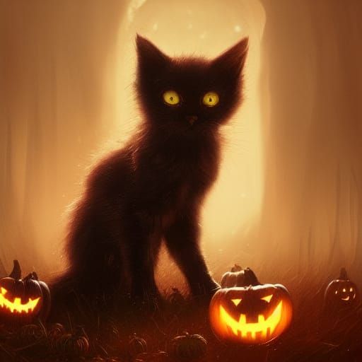 Cute Kitten in Witch Circle: Halloween Fantasy