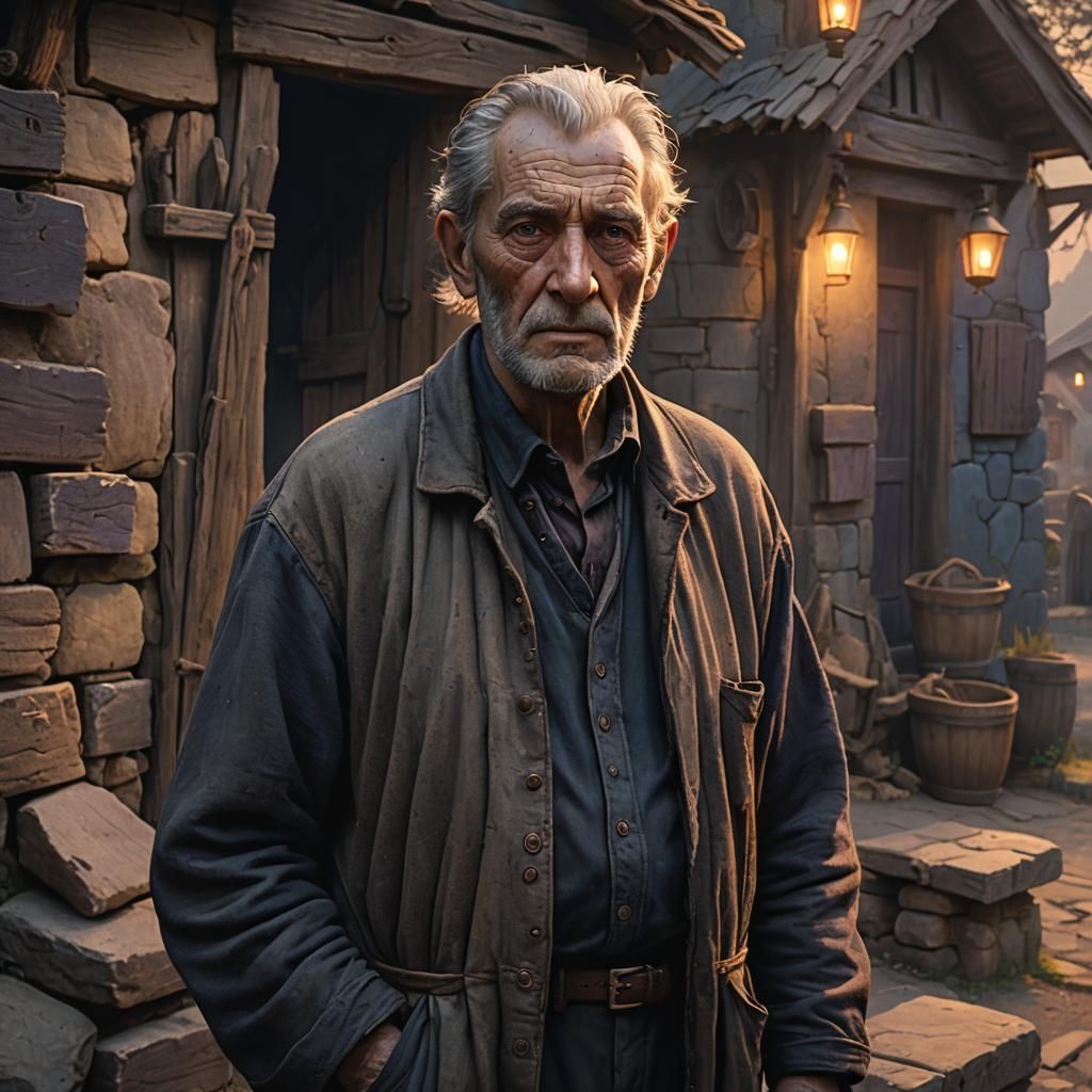 Haggard Noble in Village, Hyperrealistic Concept Art