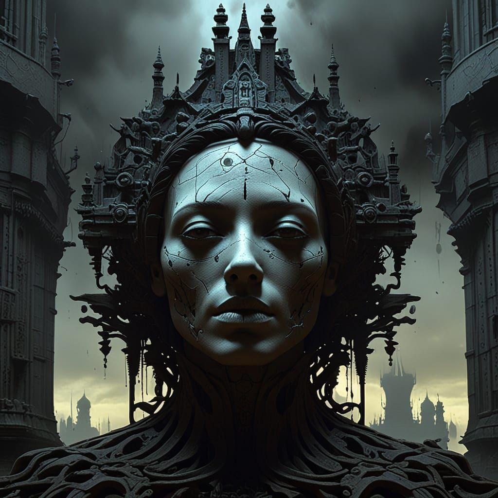 Female Cyborg Under Construction in Gothic Horror Style