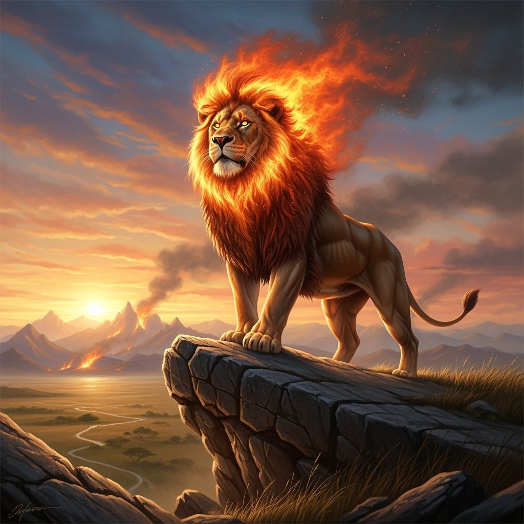 Fiery Lion Overlooking Savannah in Dramatic Realism